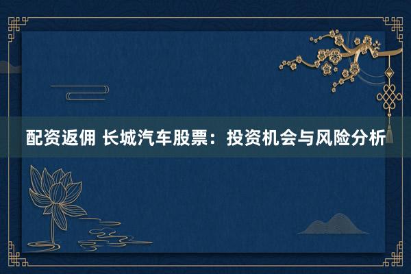 配资返佣 长城汽车股票：投资机会与风险分析